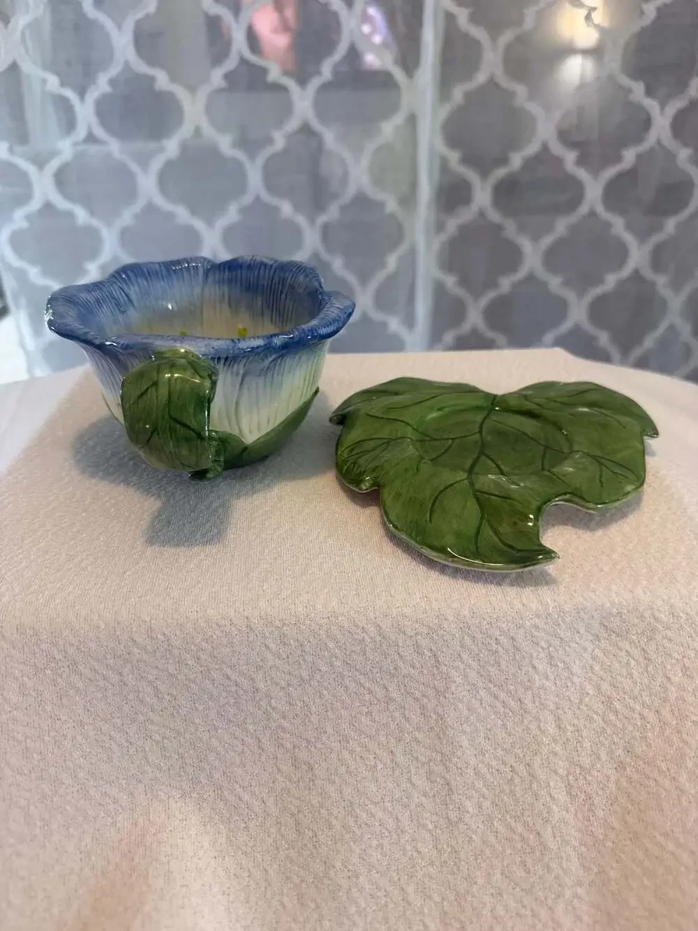 Lady Jayne 2005 Ceramic Blue Flower Teacup and Leaf Saucer Set